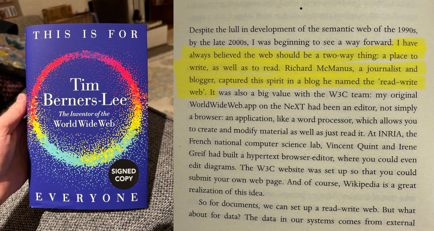 Image of Tim Berners-Lee's memoir, alongside an extract mentioning Richard MacManus (spelled McManus)